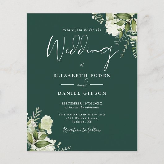 Budget Greenery Floral Emerald Wedding Uitnodiging (Voorkant)