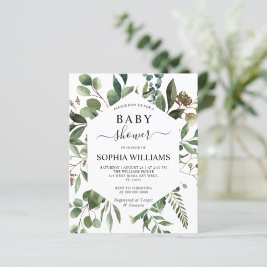 Budget Greenery Foliage Baby shower Invitation (Staand voorkant)