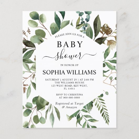 Budget Greenery Foliage Baby shower Invitation (Voorkant)