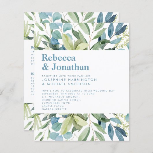 Budget Greenery Foliage Blue Wedding Invitation (Voorkant / Achterkant)