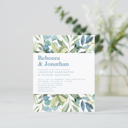 Budget Greenery Foliage Blue Wedding Invitation (Staand voorkant)