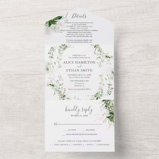 Budget Greenery Foliage Elegant Wedding All In One Uitnodiging (Binnen)