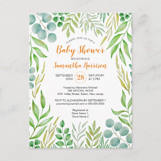 Budget Greenery Foliage Herfst Botanisch Baby show Uitnodiging Briefkaart (Voorkant)