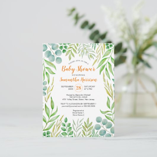 Budget Greenery Foliage Herfst Botanisch Baby show Uitnodiging Briefkaart (Staand voorkant)