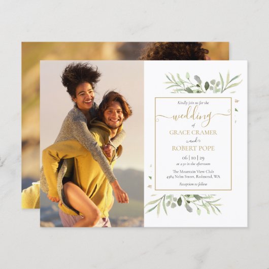 Budget Greenery Foto's Script Wedding Invitation (Voorkant / Achterkant)