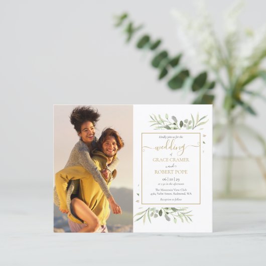 Budget Greenery Foto's Script Wedding Invitation (Staand voorkant)