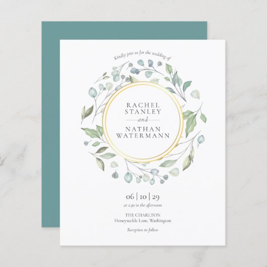 Budget Greenery Garland Gold Wedding Invitation (Voorkant / Achterkant)