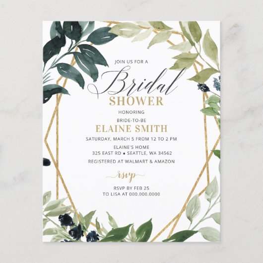 Budget Greenery Geometric Bridal Shower Uitnodigin (Voorkant)