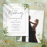 Budget Greenery Gold Arch Foto Wedding Invitation<br><div class="desc">Deze budgettaire elegante botanische groenery laat gouden trouwuitnodiging achter...  kan gepersonaliseerd worden met je informatie in de chemische typografie met je speciale foto op de achterkant. Ontworpen door: Thisnotme©</div>