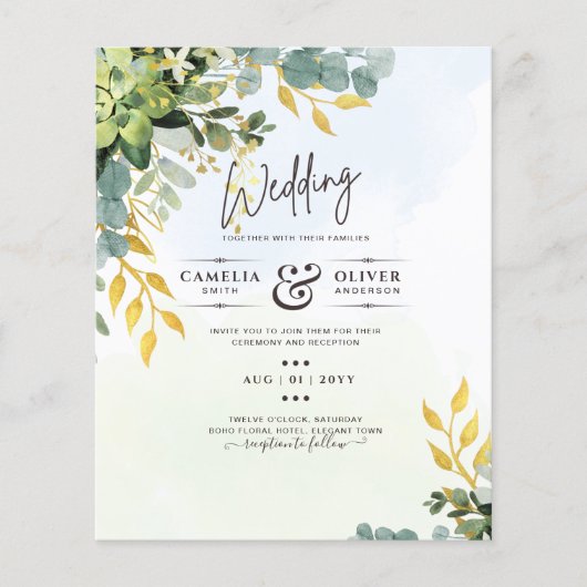 BUDGET Greenery Gold Eucalyptus Leaves Wedding Flyer (Voorkant)