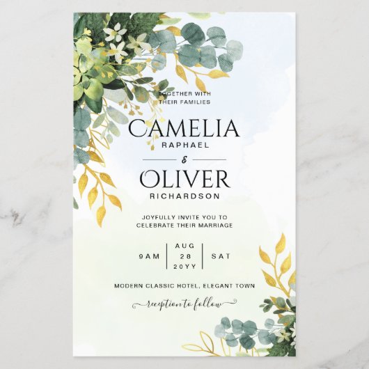 BUDGET Greenery Gold Eucalyptus Leaves Wedding Flyer (Voorkant)