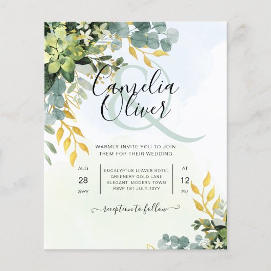 BUDGET Greenery Gold Eucalyptus Leaves Wedding Flyer (Voorkant)
