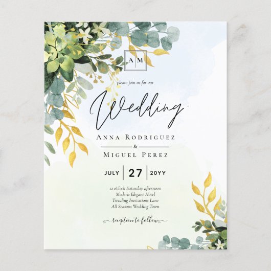 BUDGET Greenery Gold Eucalyptus Leaves Wedding Flyer (Voorkant)