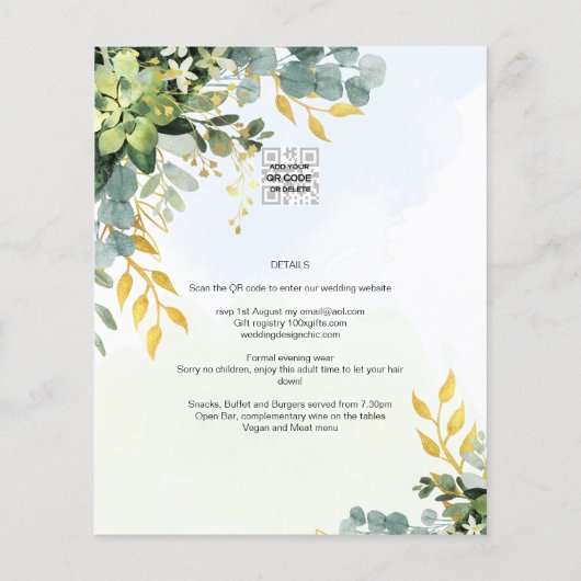 BUDGET Greenery Gold Eucalyptus Leaves Wedding Flyer (Achterkant)