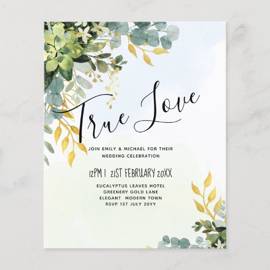 BUDGET Greenery Gold Eucalyptus Leaves Wedding Flyer (Voorkant)