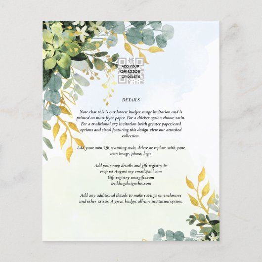 BUDGET Greenery Gold Eucalyptus Leaves Wedding Flyer (Achterkant)
