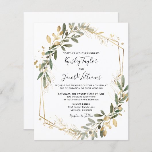 Budget Greenery & Gold Geometric Wedding Invite (Voorkant / Achterkant)