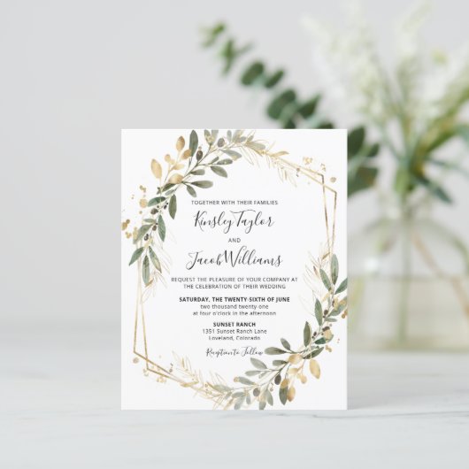 Budget Greenery & Gold Geometric Wedding Invite (Staand voorkant)