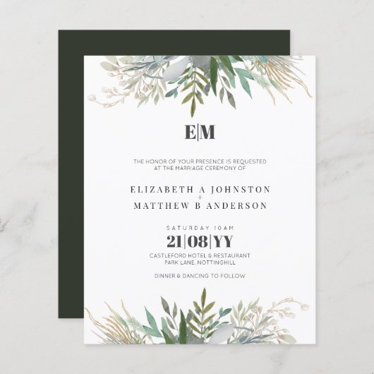 Budget Greenery laat Typografie Wedding Invites (Voorkant / Achterkant)