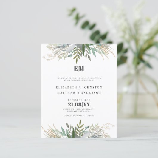 Budget Greenery laat Typografie Wedding Invites (Staand voorkant)
