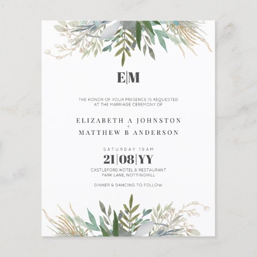 Budget Greenery laat Typografie Wedding Invites (Voorkant)