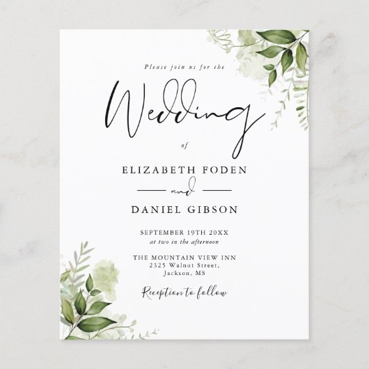 Budget Greenery Monogram Wedding Uitnodiging (Voorkant)