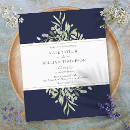 Budget Greenery Navy Blue Wedding Invitation