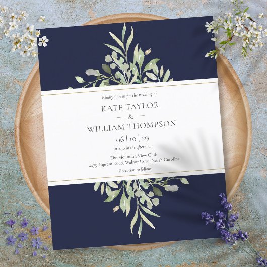 Budget Greenery Navy Blue Wedding Invitation