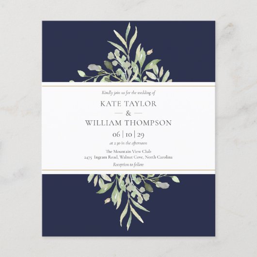 Budget Greenery Navy Blue Wedding Invitation (Voorkant)