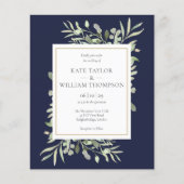 Budget Greenery Navy Blue Wedding Photo Uitnodigin (Voorkant)