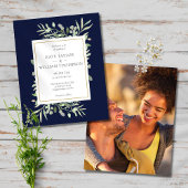 Budget Greenery Navy Blue Wedding Photo Uitnodigin