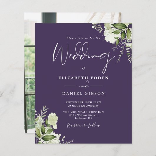 Budget Greenery Paarse Photo Wedding Invitation (Voorkant / Achterkant)
