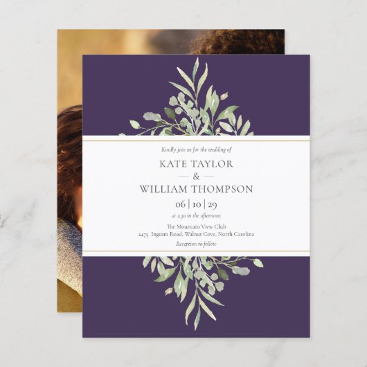 Budget Greenery Paarse Wedding Foto Uitnodiging (Voorkant / Achterkant)