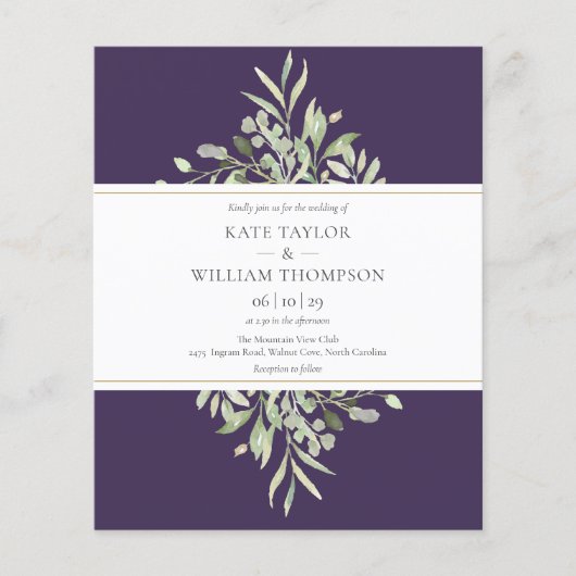 Budget Greenery Paarse Wedding Foto Uitnodiging (Voorkant)