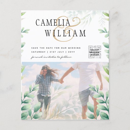 BUDGET Greenery PHOTO Wedding Save the Date QRcode Flyer (Voorkant)
