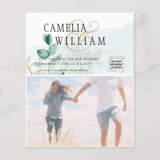 BUDGET Greenery PHOTO Wedding Save the Date QRcode Flyer (Voorkant)