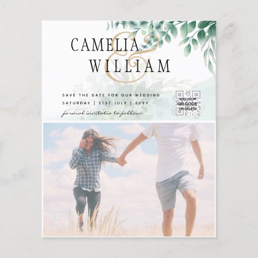 BUDGET Greenery PHOTO Wedding Save the Date QRcode Flyer (Voorkant)