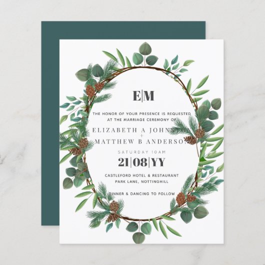 Budget Greenery Pine Cone Wedding Invite (Voorkant / Achterkant)