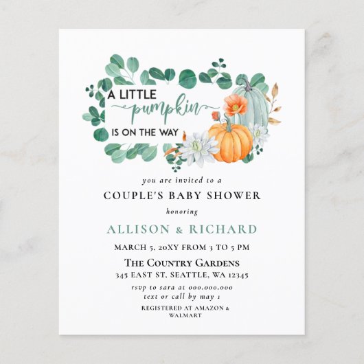 Budget Greenery Pumpkin Baby shower Uitnodiging (Voorkant)