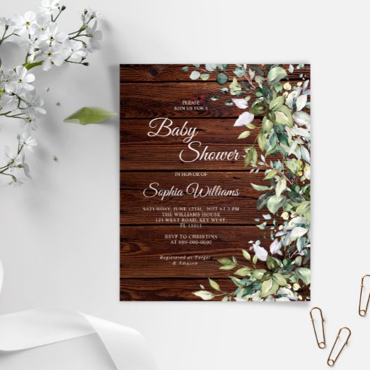 Budget Greenery Rustic Wood Baby shower Uitnodigin