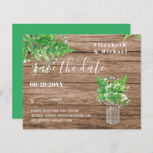 BUDGET Greenery Save Dates Ferns Rustic Wedding (Voorkant / Achterkant)