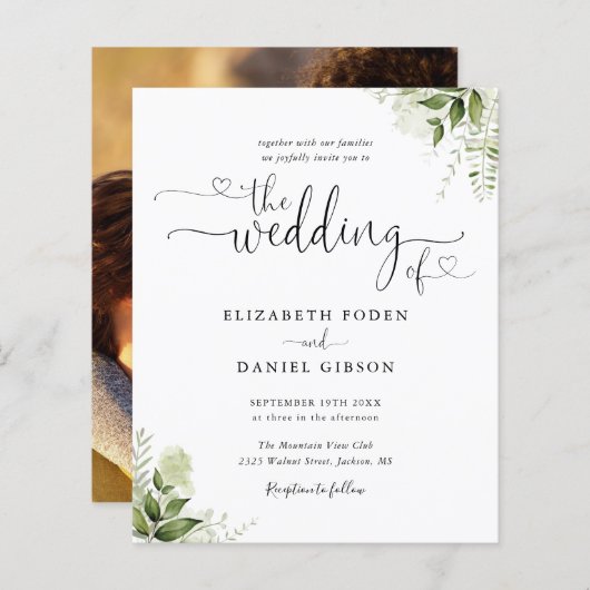 Budget Greenery Script Photo Wedding Invitation (Voorkant / Achterkant)