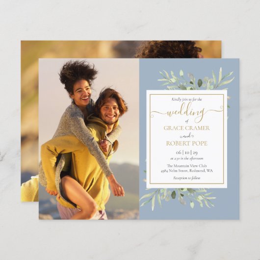 Budget Greenery Script Photo Wedding Invitation (Voorkant / Achterkant)