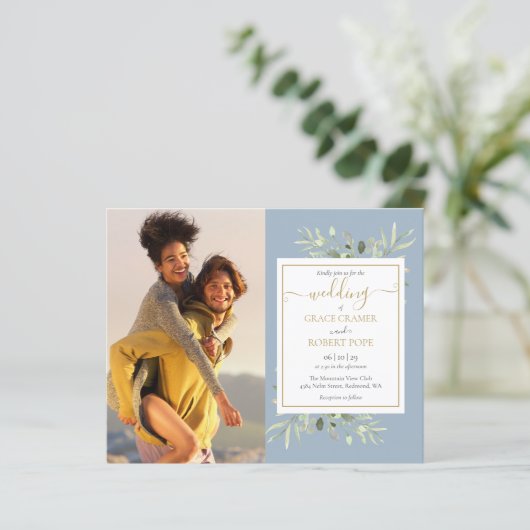 Budget Greenery Script Photo Wedding Invitation (Staand voorkant)