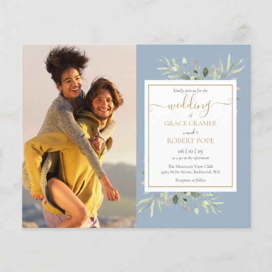 Budget Greenery Script Photo Wedding Invitation (Voorkant)