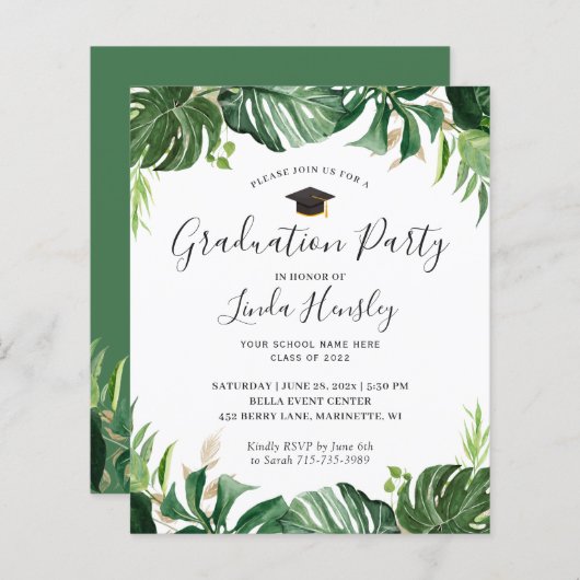 Budget Greenery Tropical Graduation Party nodigt u (Voorkant / Achterkant)