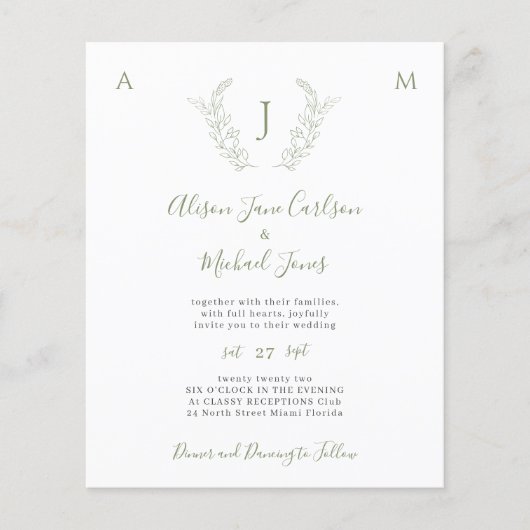 Budget greenery verlaat monogram bruiloft uitnodig flyer (Voorkant)