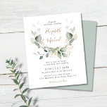 Budget Greenery Waterverf Wedding Invitation<br><div class="desc">Elegante budgetvriendelijke huwelijksuitnodiging met waterverven van saliegroen eucalyptusgroen,  laurierblaadjes met gouden accenten,  moderne zacht-grijze typografie en uw namen in een stijlvol gouden script. Dit budget halfglanspapier is vergelijkbaar in gewicht met fotopapier. Een grotere 5x7 traditionele kaart voorraad versie is ook beschikbaar (bericht ons voor de link).</div>