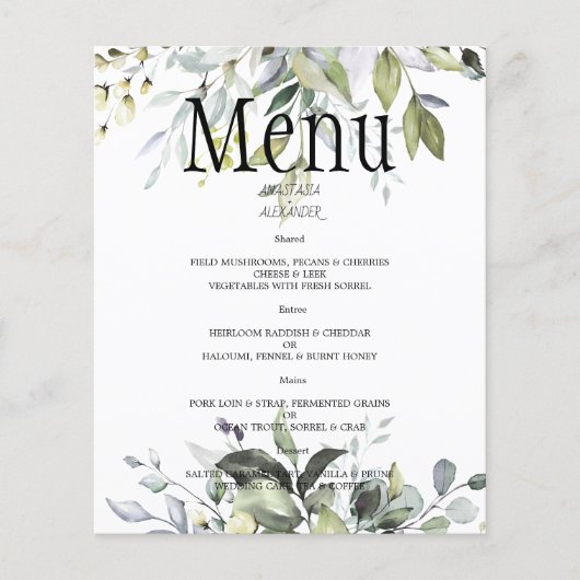 Budget Greenery Waterverf WEDDING MENU. (Voorkant)
