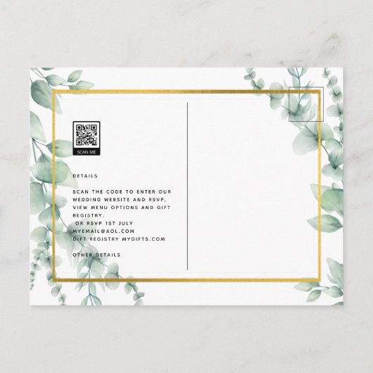 BUDGET Greenery Weddenschap QR CODE RSVP Briefkaart (Achterkant)